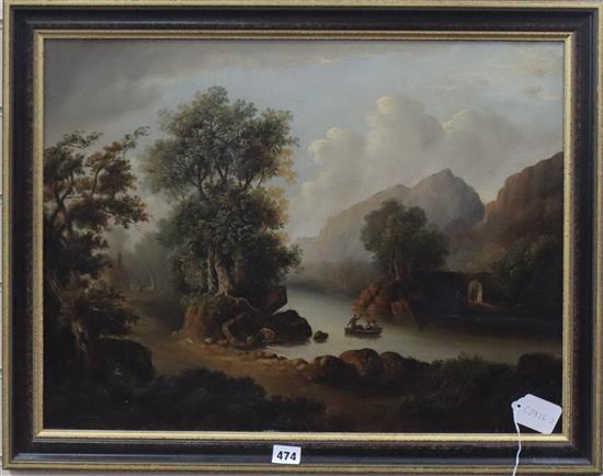 19th century English School, oil on board, Figures in an Indian? landscape, 44 x 59cm